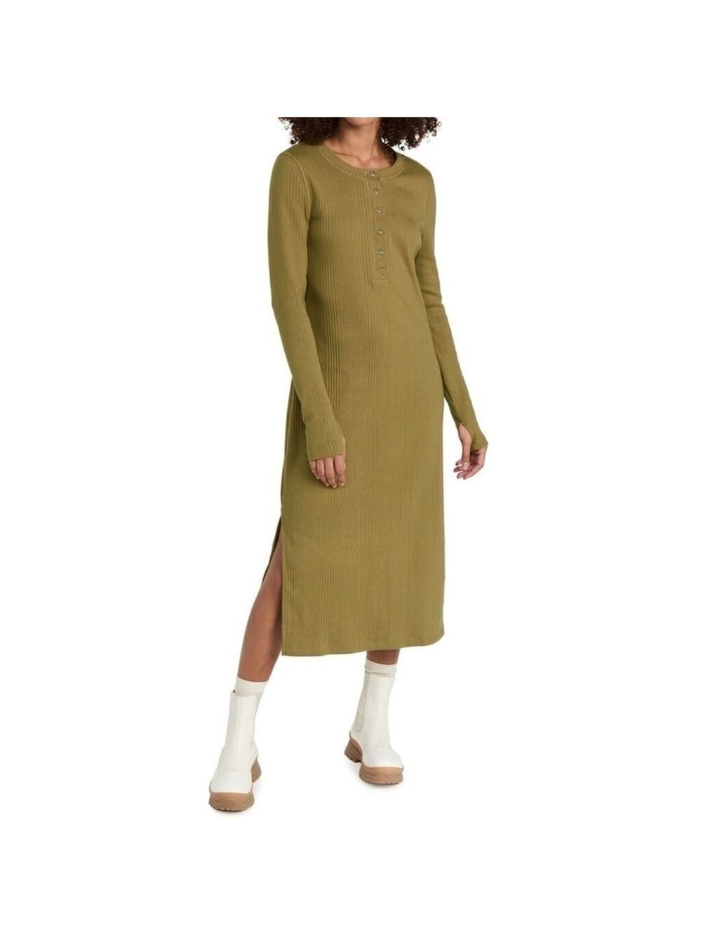SWEATY BETTY HENLEY LONG SLEEVE MIDI DRESS IN WOODLAND GREEN SIZE MEDIUM